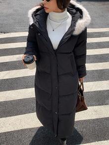 DAZY Women's Faux Fur Collar Hooded Long Sleeve Padded Coat, Autumn/Winter - Black - View 7