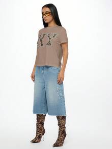 SUMWON WOMEN NY Leopard Print T-Shirt With Light Blue Outline Casual Summer Cotton Everyday Tee Streetwear Fashion Short Sleeve Crew Neck Urban Style