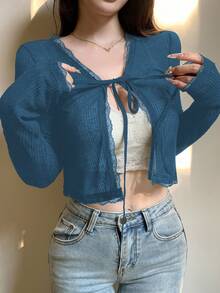 DAZY Women's Lace Patchwork Cropped Cardigan With Drawstring Tie, Long Sleeve, Suitable For Autumn, Spring And Summer