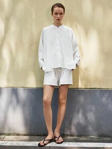 Lumivelle 2pcs/Set Hooded Shirt And Casual Shorts Outfit All White Casual Outfits Spring Clothes For University - White - View 4