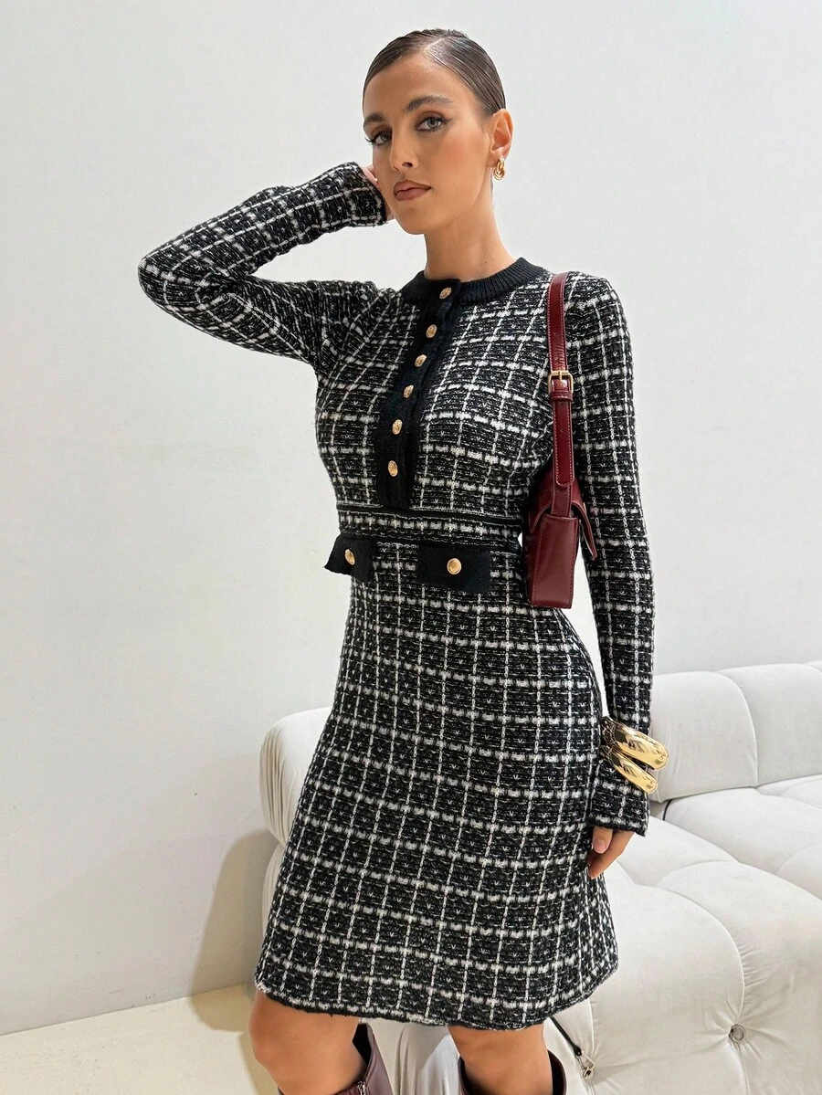 Lavishia Women's Elegant Metal Buckle Plaid Long Sleeve Sweater Dress Women's Winter Sweater  Fall Clothes Winter Plaid Dress
