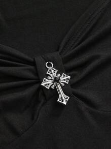 ROMWE Goth Vestido mini asimétrico con decoración de cruz gótica, Halloween - Negro - Ver 3