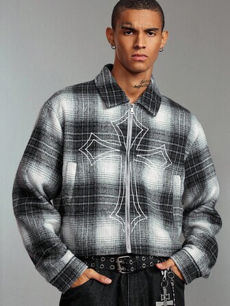 Street Life Manteau ample à carreaux avec broderie croisée pour hommes, automne hiver