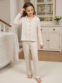 Girls Apricot Fleece Ribbed Letter Embroidery Cardigan & Pants Loungewear Set Two Piece Sleepwear Set Fall Winter - Apricot - View 3