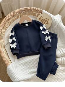 女婴海军蓝蝴蝶结长袖连帽衫和松紧腰裤套装，秋冬 - 藏蓝色 - 查看 3