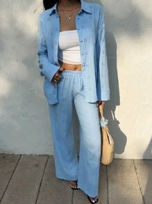 Sunnyshic 2pcs Women Casual Vacation Loose Long Sleeve Embroidered Blouse And Wide Leg Pants Set, Autumn/Winter - Blue - View 3