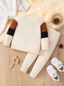 SHEIN 2pcs/Set Toddler Baby Boy/Girl Soft & Comfortable Casual Patchwork Contrast Color Crew Neck Long Sleeve Sweater And Pants Set, Knitted Outfit Suitable For Indoor, Outdoor, Daily Wear, Sports, Play, Party, Photo Shoot, Holiday, All Seasons,In Fall/Winter - Apricot - View 2