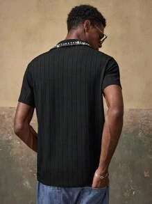 AKNOTIC Men's Polo Shirt With Beaded Collar, Fashionable Solid Color Shirt - Black - View 7