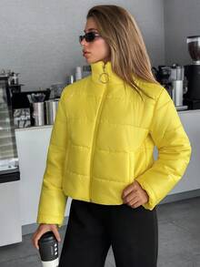 EURMUSE Women's Yellow Puffer Jacket – Bright Quilted Zip-Up Coat With Ring Pull, Warm Winter Outerwear Quilted Jacket Yellow Jacket Jacket Y2k - Yellow - View 3