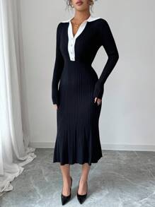 Rafferiza Women's French Casual Style Slim Fit Polo Collar Long Sleeved Woolen Fabric Contrasting Color Metal Buckle Half Placket Black And White Women's Autumn And Winter Sweater Dress - Black and White - View 4