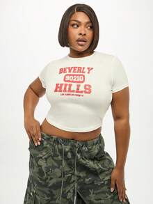 SUMWON Plus Size Beverly Hills Crop Top Short Sleeve Graphic Logo Los Angeles County Tee Streetwear Casual Summer Fashion Statement T-Shirt - White - View 8