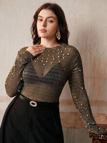 Anewsta Women Plus Size Round Neck Metallic Sheen Knit Fitted Elegant Pearl Embellished Top - Black - View 6