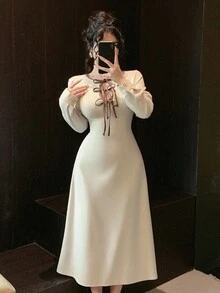 DAZY Women's Elegant Contrast Color Tie Waist Mid-Length Dress, Autumn Maxi Dress - Beige - View 7