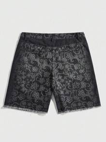 ROMWE MEN Goth Men's Floral Print Pocket Loose Casual Denim Shorts - Black - View 2