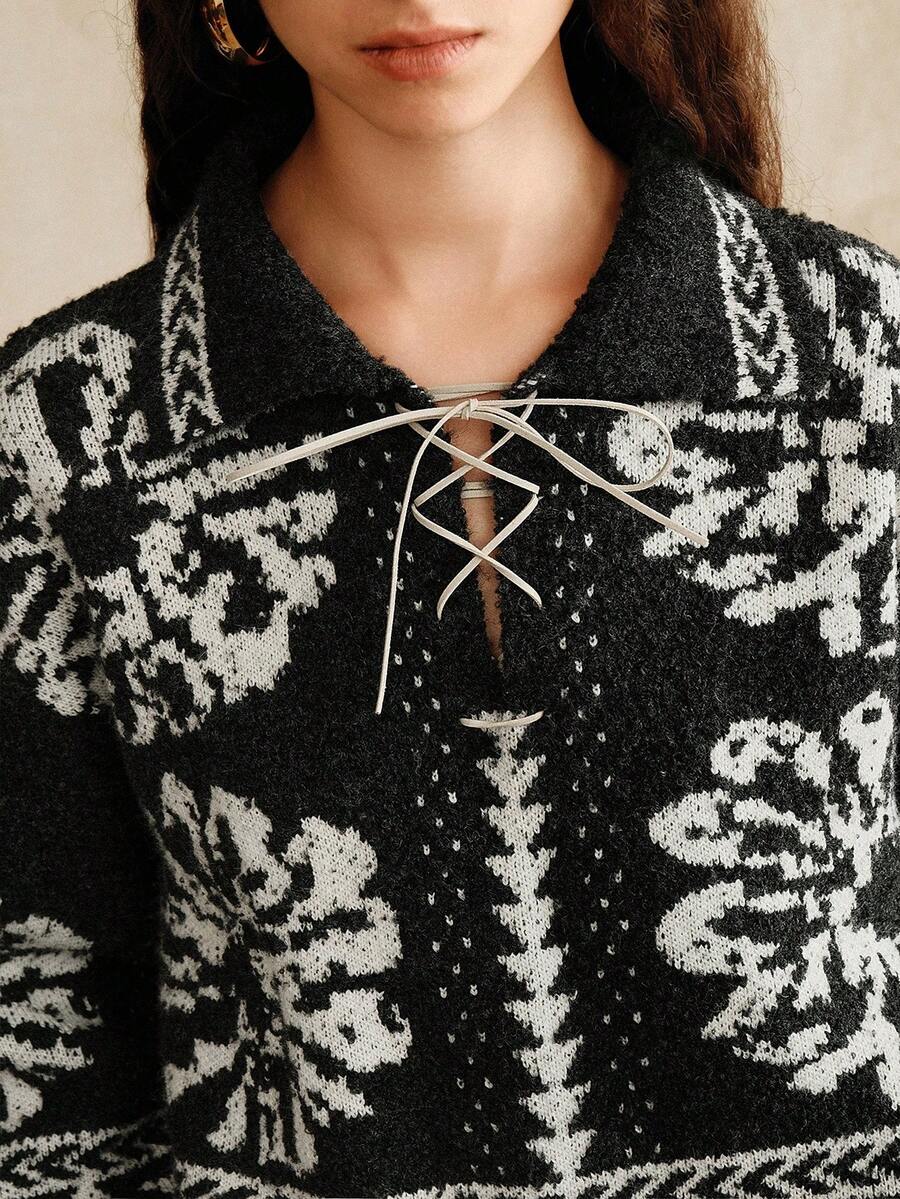 Anewsta 女士花卉提花领口宽松长袖毛衣，秋季 - 黑色 - 查看 1