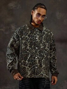 ROMWE MEN Street Life 豹纹休闲男士长袖口袋纽扣牛仔夹克 - 彩色 - 查看 4
