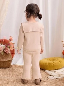 Blossori 女婴法式优雅领长袖毛衣和喇叭裤套装 - 卡其色 - 查看 2