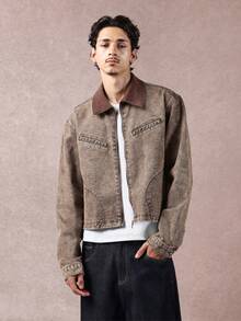 SUMWON Áo khoác denim cổ bẻ màu nâu cổ điển, áo khoác ngoài cổ điển, giặt ủi, phong cách đường phố, thường ngày, thu đông, áo khoác jean miền Tây có khóa kéo phía trước - màu nâu - Xem 1