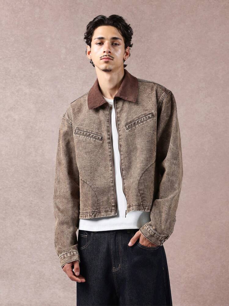 Washed Denim Trucker Jacket With Brown Collar