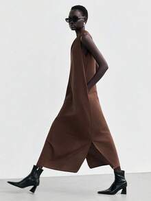 Lumivelle Vestido largo holgado de algodón y lino con cuello en V, plisado, bolsillos laterales y corte recto para mujer en color verde - Café integral - Ver 3