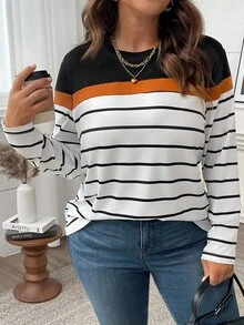 EMERY ROSE Plus Size Color Block Striped Long Sleeve Women T-Shirt Graphic Tee For Spring