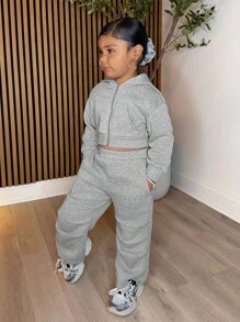 年轻女孩休闲温暖灰色针织连帽运动衫运动衫和抽绳运动裤套装