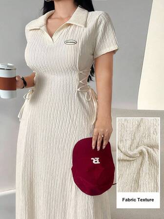 Modelyn Plus Size Polo Collar Textured Fabric Cinched Waist Cinched Waist Dress