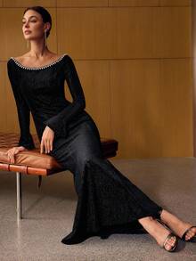 MOTF PREMIUM 仿珍珠饰边修身长裙 - 黑色 - 查看 1