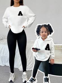 Babygirl 可爱百搭字母印花长袖卫衣和裤子套装，秋冬 - 黑與白 - 查看 11