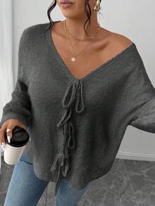SHEIN Frenchy 加大码女式纯色针织法式毛衣，正面蝴蝶结设计，适合休闲、居家、校服，秋冬 - 灰色 - 查看 3