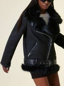 Aveloria Affinna Women's New Winter Faux Fur Leather Jacket, European And American Fashion Suede Fleece Motorcycle Coat, Thick Cotton Padded Fall Cloth For Women