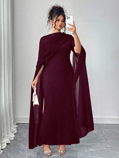 Elenzga Plus Size Elegant Morgonrock Med Åtsittande Midja, Marinblå Chiffong