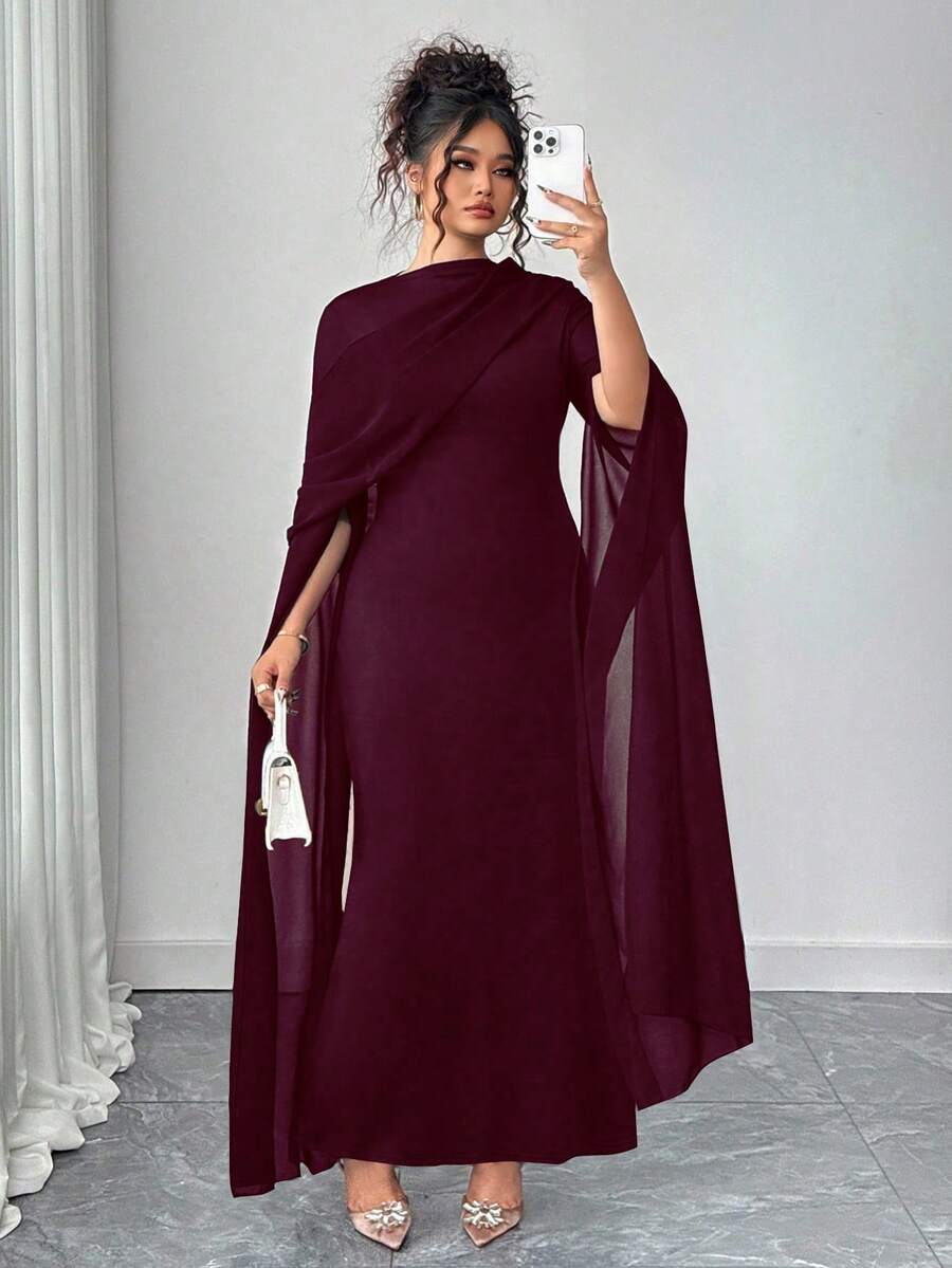 Elenzga Plus Size Fitted Waist Elegant Robe, Navy Blue Chiffon