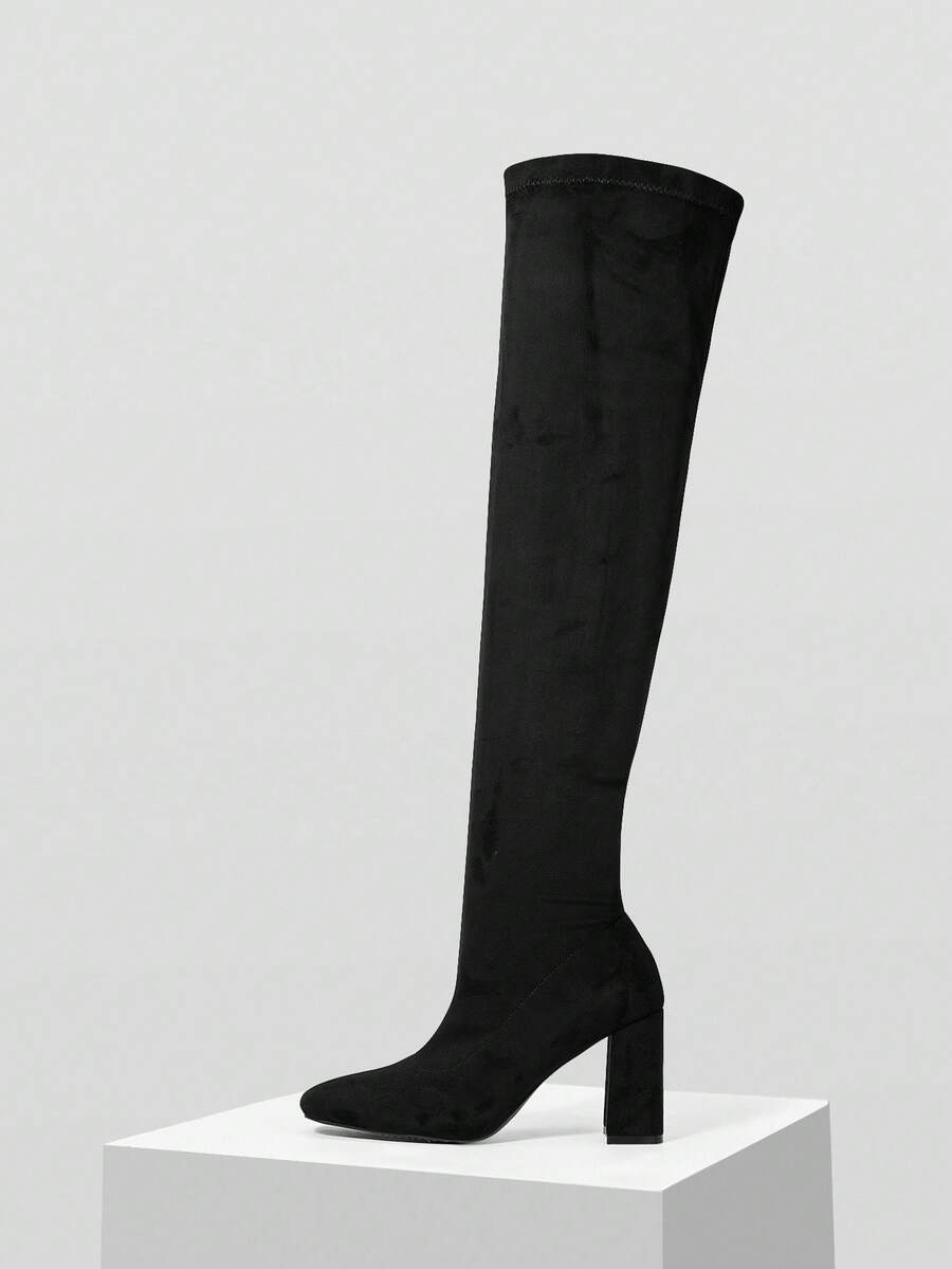 MOTF BLACK SUEDE CHUNKY HEEL OVER-THE-KNEE BOOTS, FLATTERING LEG-LENGTHENING - Black - View 2