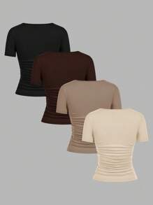 SHEIN EZwear Bộ 4 áo thun cổ tròn tay ngắn màu trơn đơn giản thoải mái dành cho nữ, phù hợp cho mùa xuân/hè - Nhiều màu - Xem 2