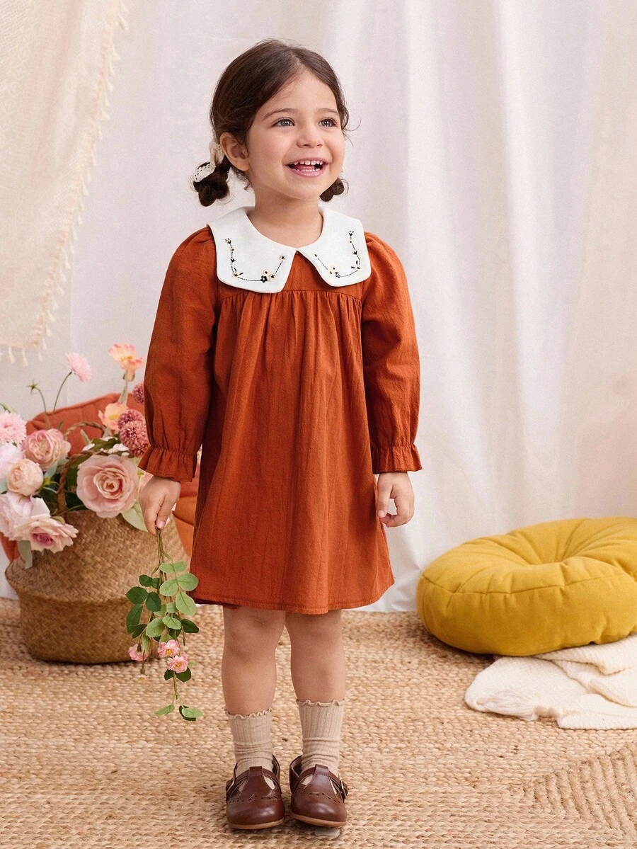 Blossori Baby Girls' French Elegant Colorblock Embroidered Collar Long Sleeve Dress Fall Winter - Multicolor - View 1