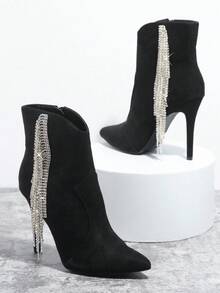 SHUZIA 仿麂皮尖頭拉鏈開襟踝美式短靴 - 黑色 - 查看 4