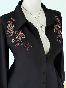 Viva Relle Plus Size Long Sleeve Embroidered Collar Blouse, Slimming Fitted Shirt Fall Cloth For Women - Black - View 6