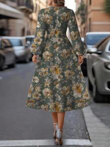 SHEIN Clasi Robe imprimée fleurs vintage verte, style romantique campagnard, convient pour l'automne - Multicolore - Voir 2