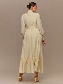 Enchnt Vestido de manga larga de color crema-amarillo, romántico y elegante, con volantes en el bajo y cintura ajustable, perfecto para otoño e invierno. Dulce y elegante, es adecuado para citas, vacaciones, fiestas, graduaciones, bodas, la playa y otras ocasiones. También es adecuado como vestido de verano, ropa de vacaciones o ropa de mujer de otoño. - Amarillo - Ver 7