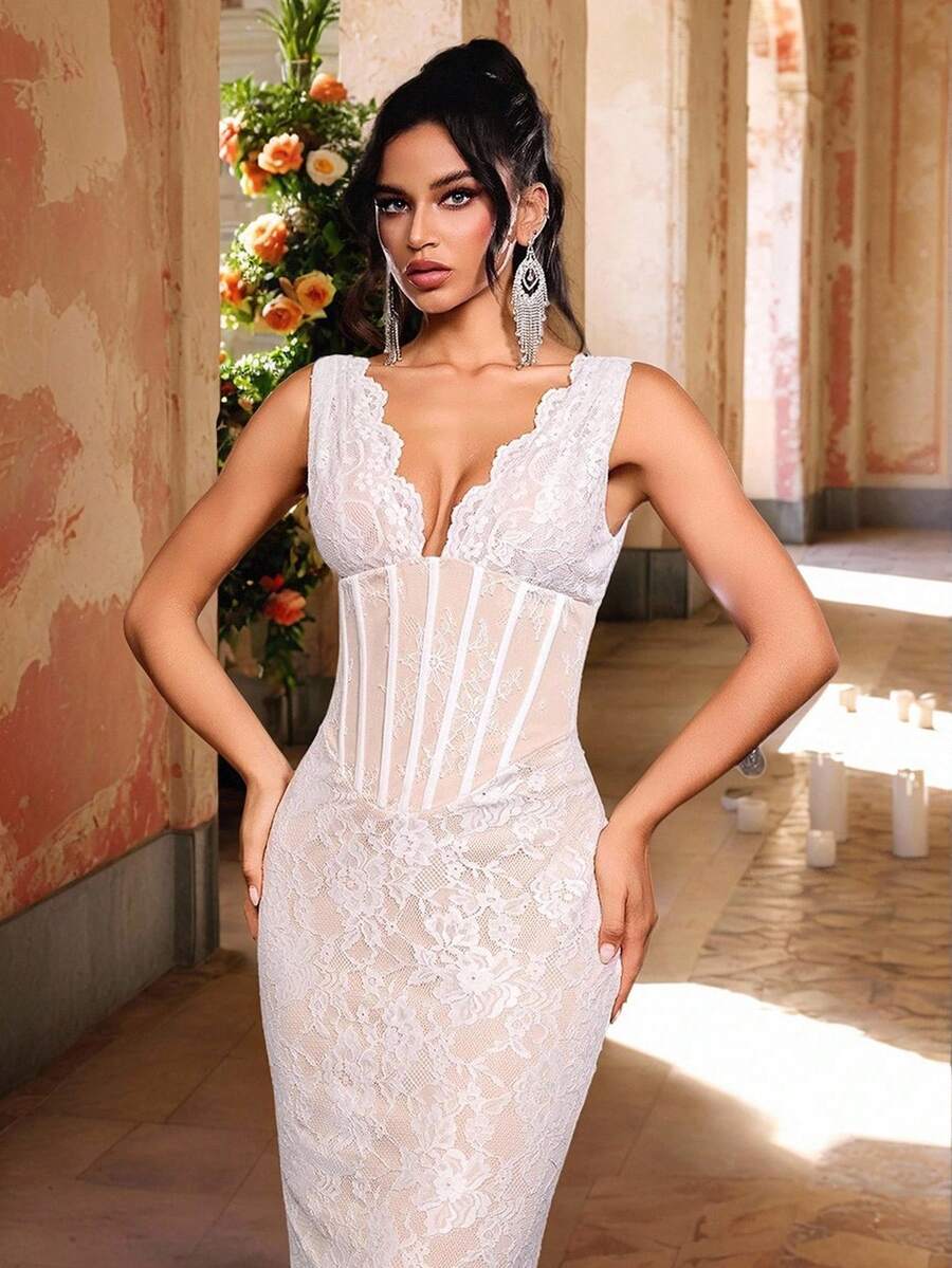 Glamrae Vestido de sirena elegante y romántico de encaje blanco al estilo francés con correa ajustable en la espalda, cintura ajustada y volante en el bajo, adecuado para diversas ocasiones formales (Estilo francés de lujo) - Blanco - Ver 1