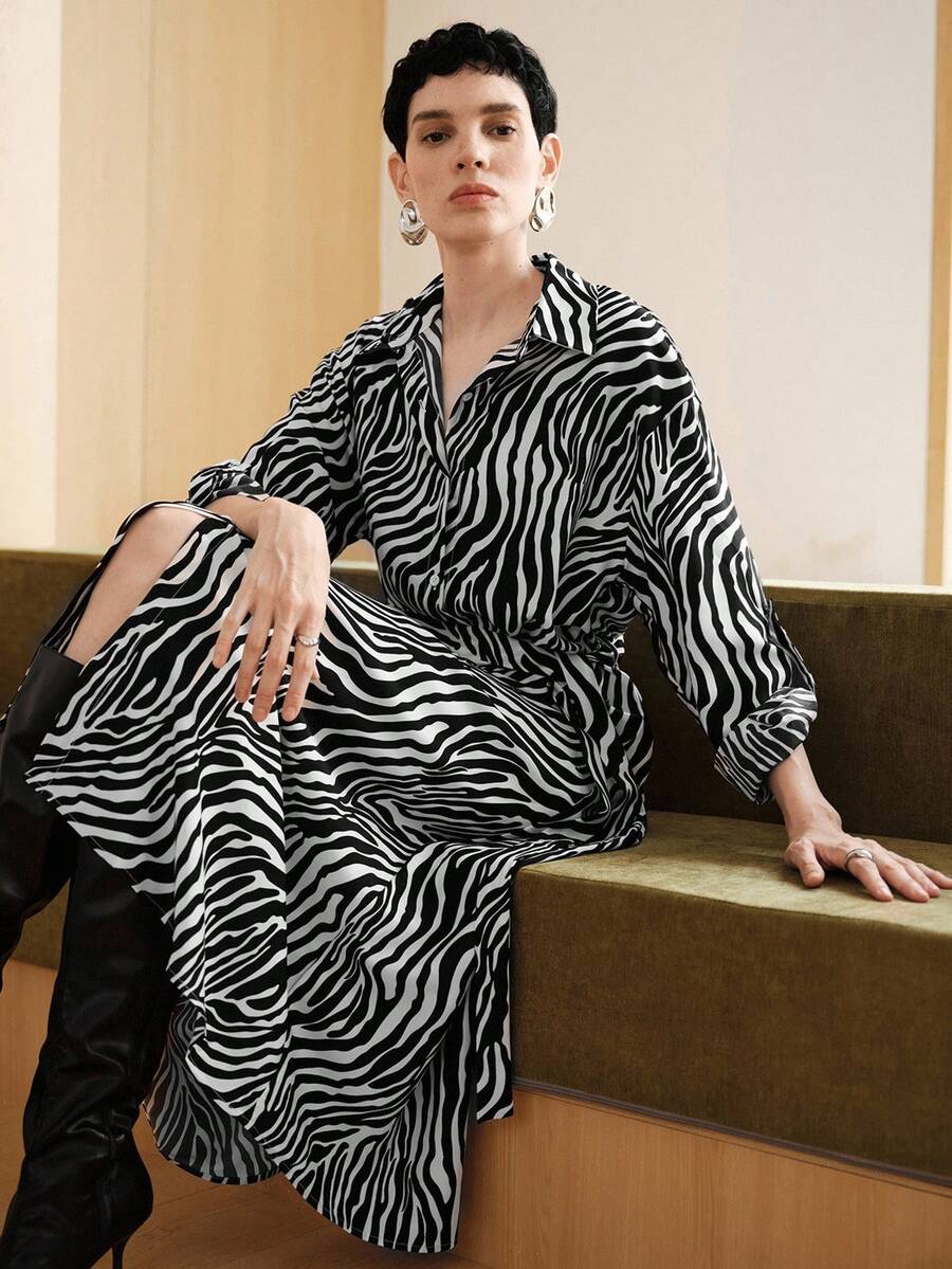 Uhlyne 女装秋季高端黑白斑马纹长袖纽扣衬衫裙，优雅系腰宽松休闲商务通勤连衣裙 - 黑色 - 查看 1