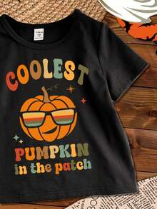 SHEIN Áo thun tay ngắn in họa tiết bí ngô yêu tinh can đảm hoạt hình Halloween cho bé trai, phong cách thời trang, phù hợp cho mùa hè, thu/đông, Halloween - màu đen - Xem 5