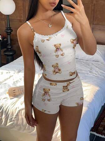SHEIN Essnce 2pcs Cute Teddy Bear Bow Lace Detail Tank Top And Ruffle Trim Shorts Set For Women, Summer