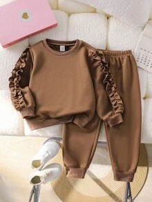 SHEIN Young Girls Cute Solid Color Frill Trim Long Sleeve Sweatshirt And Sweatpants Set, Suitable For Autumn/Winter Gatherings, Birthday Parties, Back To School And Daily Casual Occasions Girls Brown Outfit Girls Brown Set Girls Comfy Set Young Girl Brown Outfit Young Girl Brown Sweatsuit Young Girl Brown Set Girls Fall Sets - Khaki - View 1