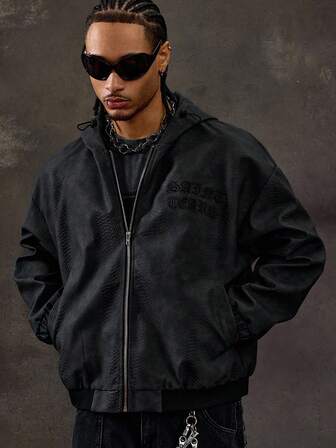 Street Life Men's Autumn Letter Embroidered Zip-Up Casual Hooded Jacket