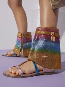 SHUZIA Rainbow Striped Open Toe Sandals Booties - Multicolor - View 4