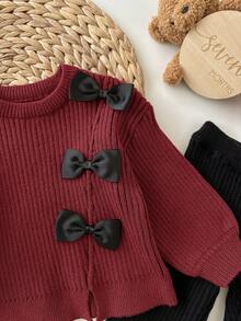 SHEIN 2pcs Baby Girl Cute Brown Bow Knit Sweater And Elastic Waist Bell-Bottom Pants Set, Autumn/Winter Fall - Multicolor - View 4