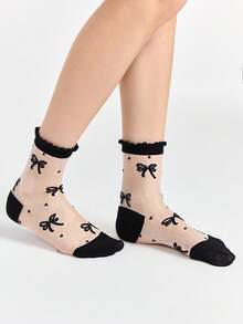 ROMWE Kawaii 2 pares de calcetines de seda con cristal y lazo, calcetines versátiles para mujer hasta la pantorrilla con ribete de encaje