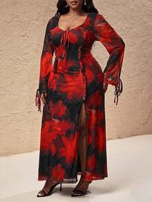 Truni Plus Size Women's Slim Fit High Stretch Long Sleeve Dress, Floral Pattern Printed Mesh Maxi Dress/Autumn /Winter